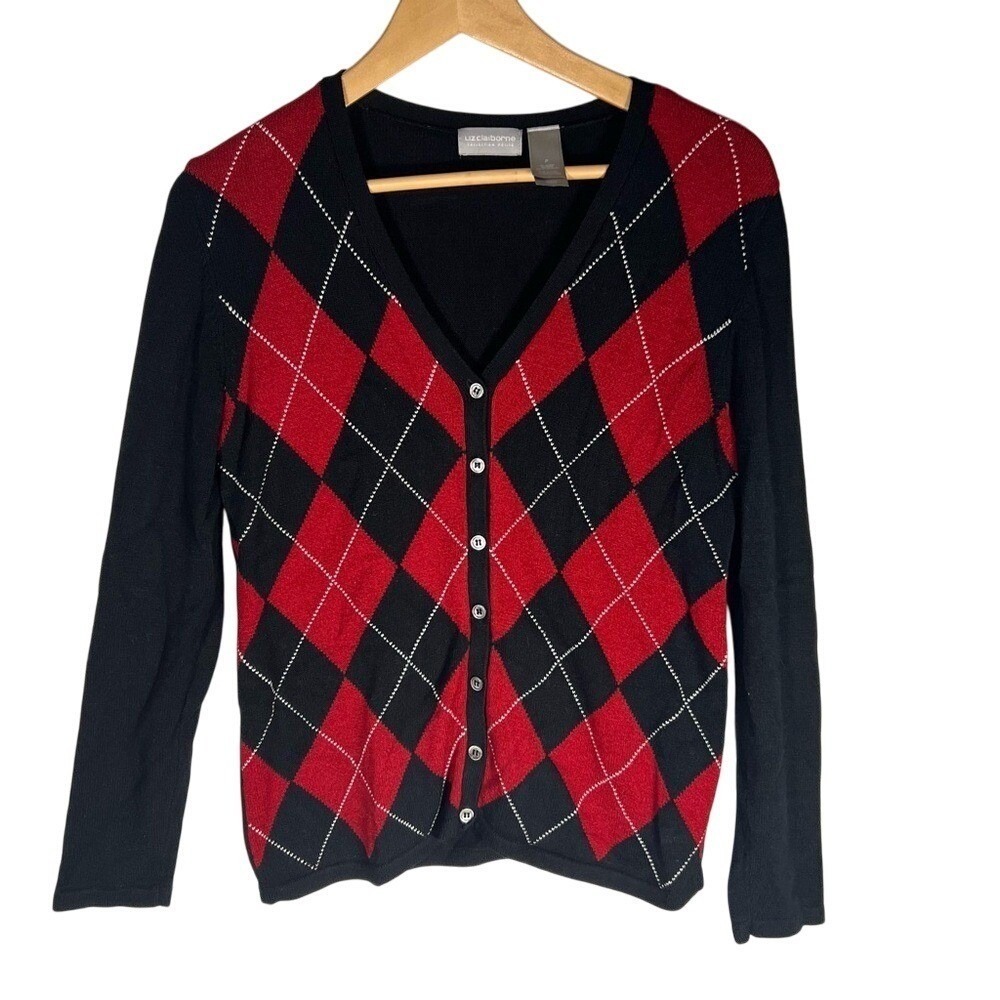 Liz Claiborne Collection Petite Black‎ Red Argyle V Neck Cardigan Sweater Size P